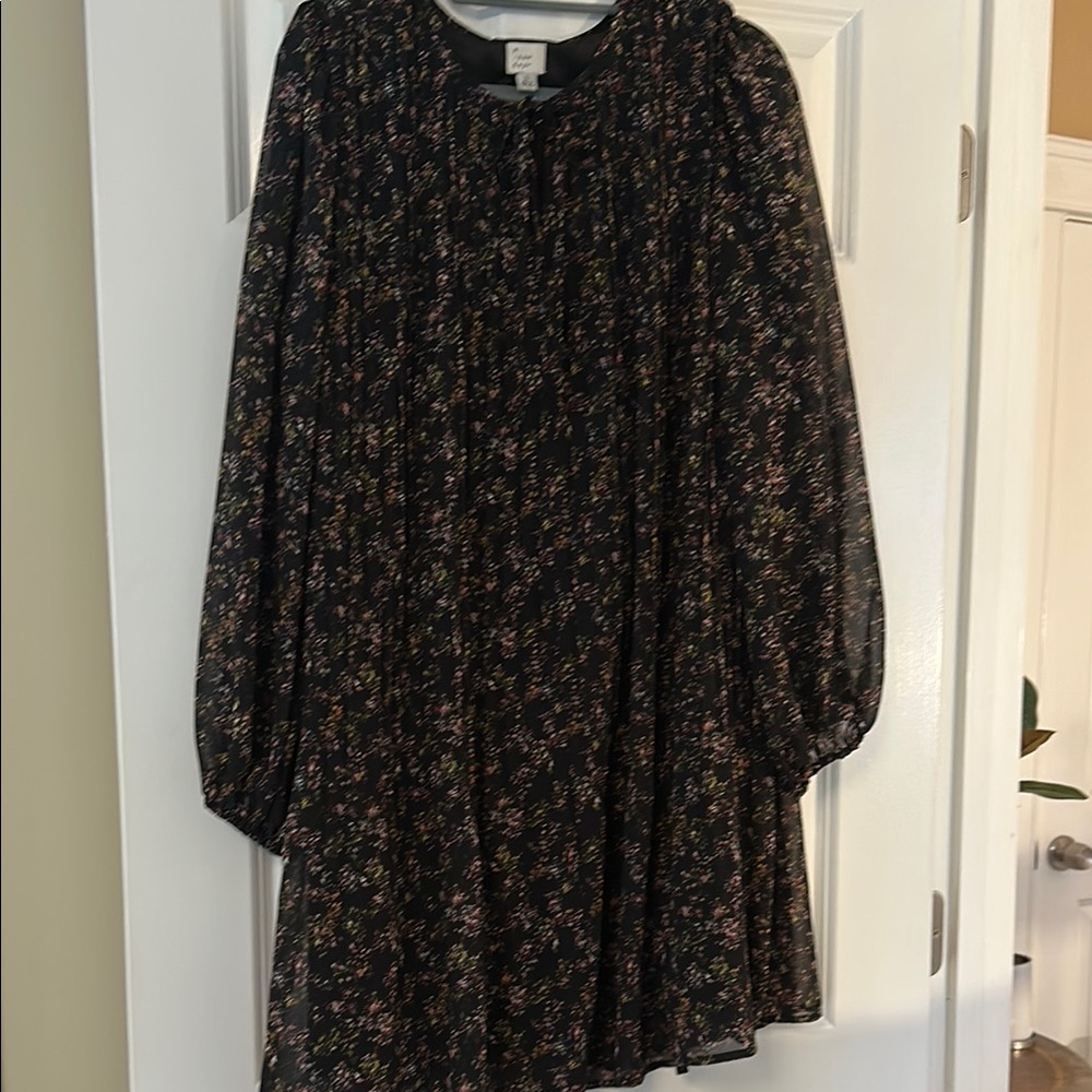 A New Day Floral Black Swing Dress, Long Sleeve, Sz L